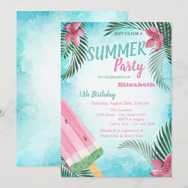 Palm Leaf, Flowers,Ice cream Birthday Party  Invitation (Front/Back)
