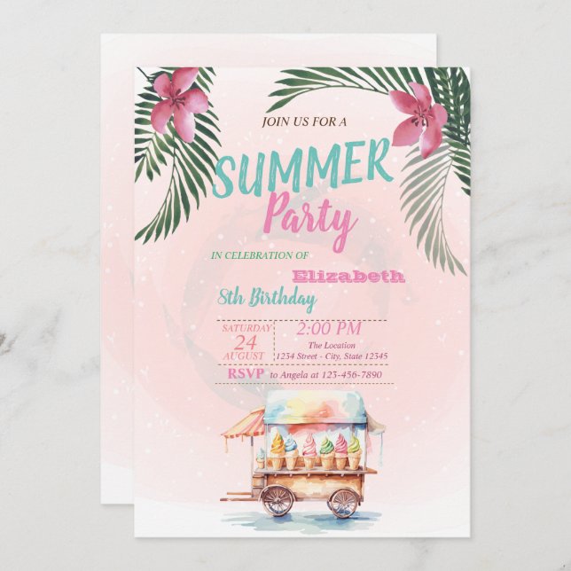 Palm Leaf, Flowers,Ice Creams Birthday Party Invitation (Front/Back)