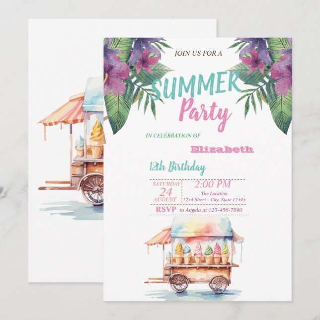 Palm Leaf Flowers Ice Creams Birthday Party Invitation (Front/Back)