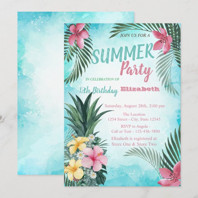 Palm Leaf, Flowers Pineapple Birthday Party Invitation (Front/Back)