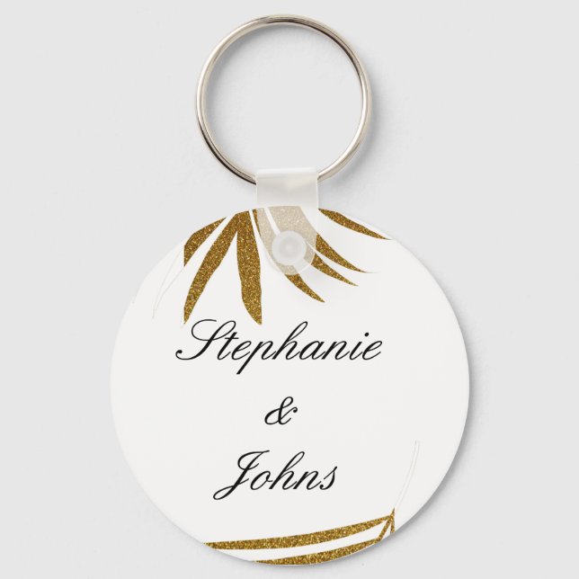 Palm Leaf Gold Glitter Custom Couple Name Tropical Key Ring (Front)