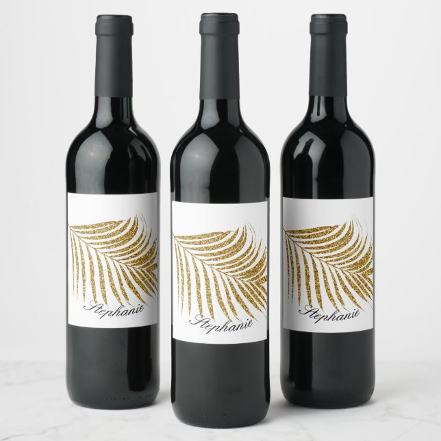 Palm Leaf Gold Glitter Custom Name Cute Trendy Wine Label (Bottles)