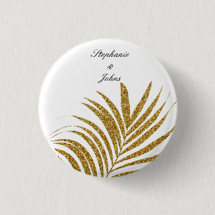Palm Leaf Gold Glitter Custom Name Trendy Wedding  3 Cm Round Badge