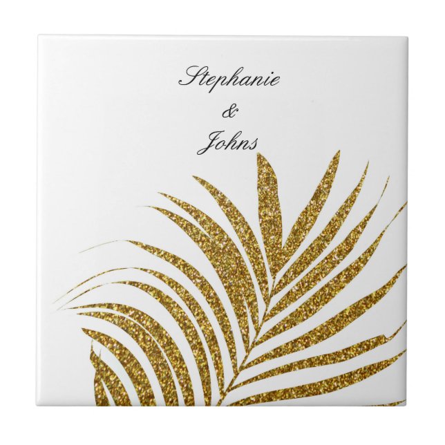 Palm Leaf Gold Glitter Custom Name Wedding Gift Tile (Front)