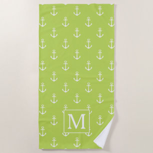 Palm Leaf Green and White Anchors Monogram Beach Towel