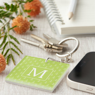 Palm Leaf Green and White Anchors Monogram Key Ring
