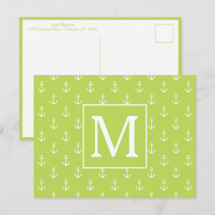 Palm Leaf Green and White Anchors Monogram Postcard