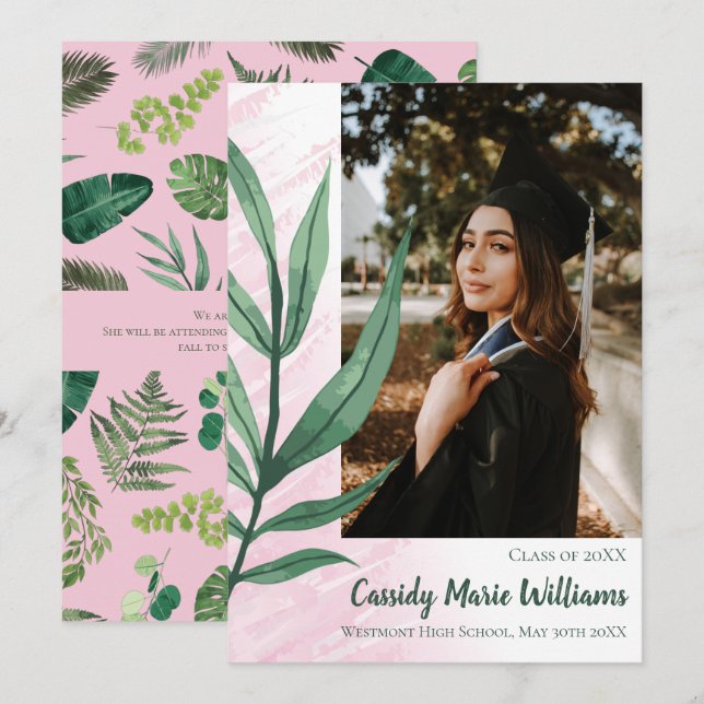 Palm Leaf Green Pink Plant Graduation Announcement (Front/Back)