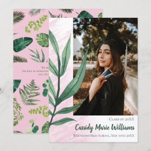 Palm Leaf Green Pink Plant Graduation Announcement