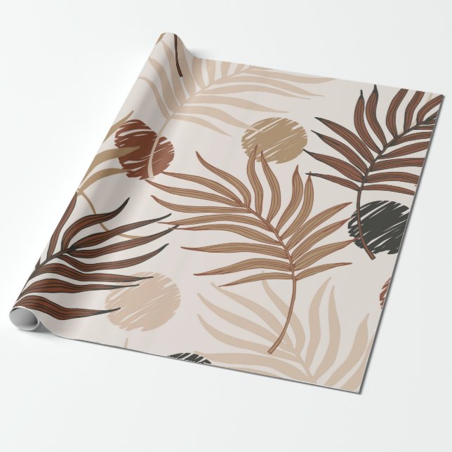 palm leaf line art seamless pattern on earth toned wrapping paper (Unrolled)