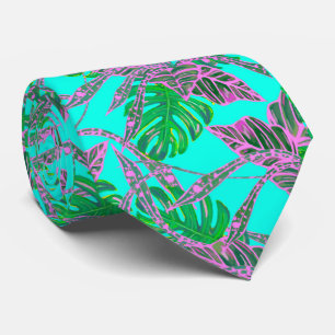 Palm leaf monstera coleus tropical teal pink green tie