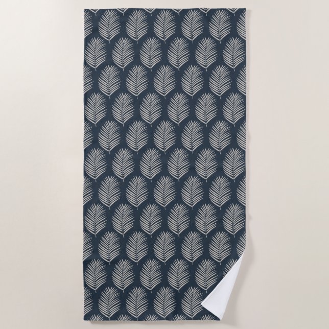 Palm Leaf Navy Blue And Cream Beach Towel (Front)