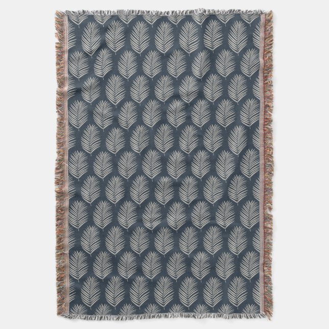 Palm Leaf Navy Blue And Cream Throw Blanket (Front Vertical)