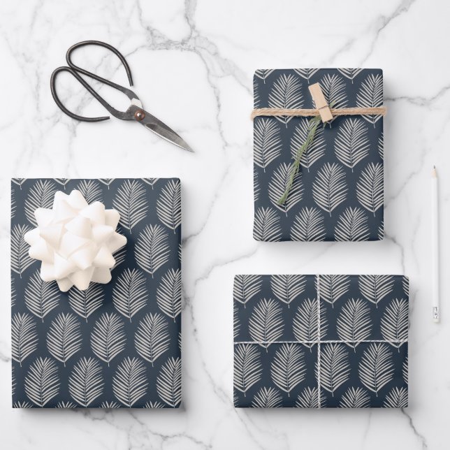 Palm Leaf Navy Blue And Cream Wrapping Paper Sheet (Front)