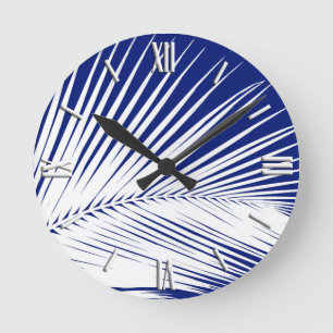 Palm leaf - navy blue and white round clock
