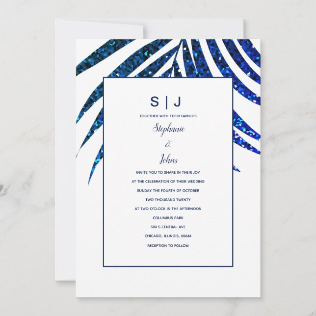Palm Leaf Navy Blue Glitter Tropical Wedding Invitation (Front)