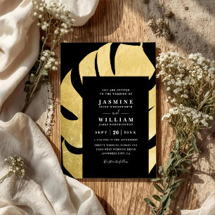 Palm Leaf on Black Elegant Chic QR Code Wedding Invitation