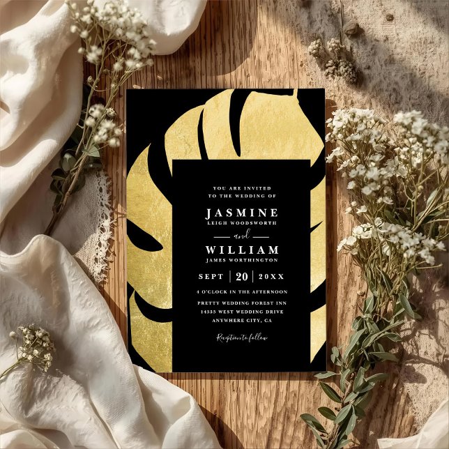 Palm Leaf on Black Elegant Chic QR Code Wedding Invitation (Creator Uploaded)