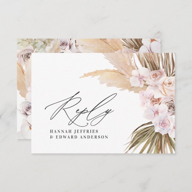 Palm leaf pampas grass natural pink wedding RSVP c Enclosure Card (Front/Back)