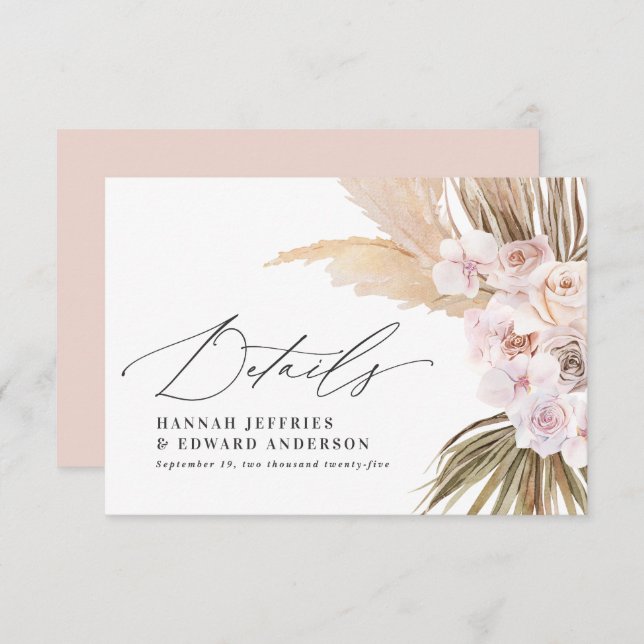 Palm leaf pampas grass natural pink wedding RSVP card (Front/Back)