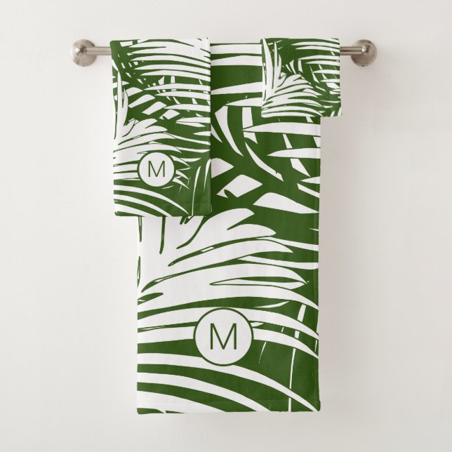 Palm Leaf Pattern Modern Tropics Monogrammed Bath Towel Set (Insitu)