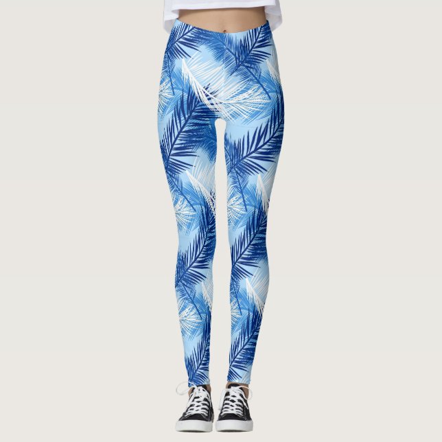 Palm Leaf Print, Cobalt, White and Sky Blue Leggings (Front)