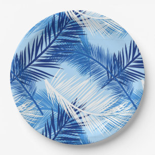 Palm Leaf Print, Cobalt, White and Sky Blue Paper Plate