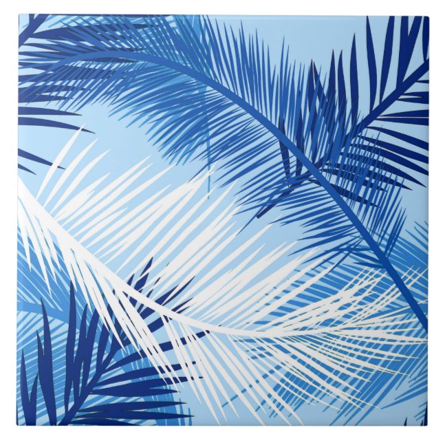 Palm Leaf Print, Cobalt, White and Sky Blue Tile (Front)