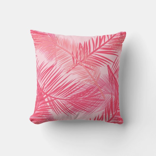Palm Leaf Print, Coral, Peach and Pastel Pink Cushion (Front)