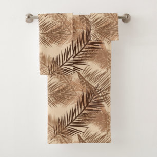 Palm Leaf Print, Dark Brown, Tan and Beige Bath Towel Set