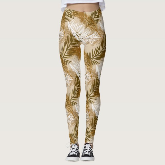 Palm Leaf Print, Dark Brown, Tan and Beige  Leggings (Front)