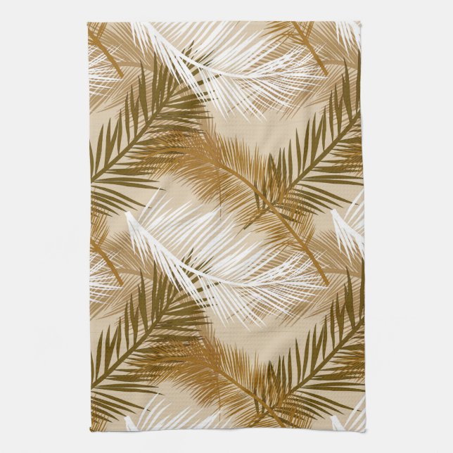 Palm Leaf Print, Dark Brown, Tan and Beige  Tea Towel (Vertical)