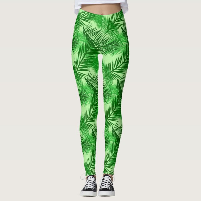 Palm Leaf Print, Emerald and Light Lime Green Leggings (Front)
