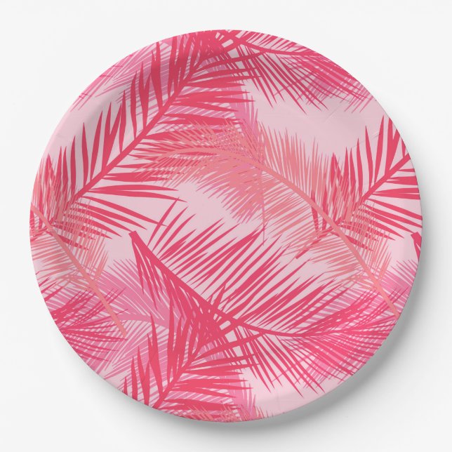 Palm Leaf Print, Fuchsia, Coral and Pastel Pink  Paper Plate (Front)
