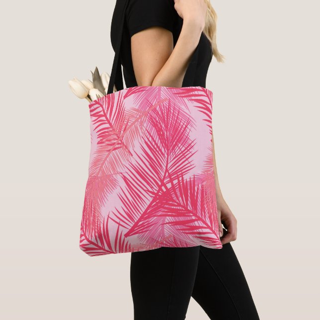 Palm Leaf Print, Fuchsia, Coral and Pastel Pink  Tote Bag (Close Up)