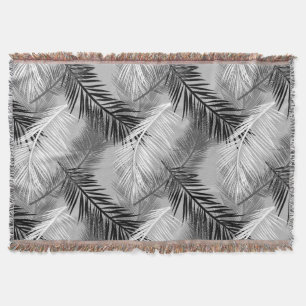 Palm Leaf Print, Grey / Gray, Black and White Throw Blanket
