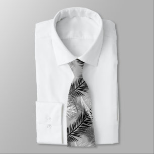 Palm Leaf Print, Grey / Gray, Black and White Tie