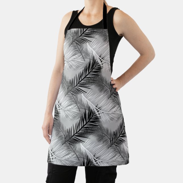 Palm Leaf Print, Grey / Grey, Black and White Apron (Insitu)