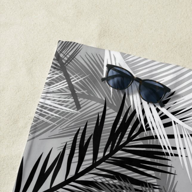 Palm Leaf Print, Grey / Grey, Black and White Beach Towel (In Situ)
