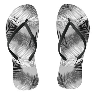 Palm Leaf Print, Grey / Grey, Black and White Flip Flops