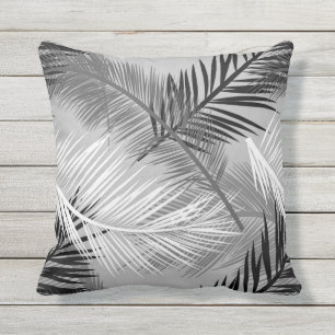 Palm Leaf Print, Grey / Grey, Black and White Outdoor Cushion