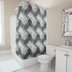 Palm Leaf Print, Grey / Grey, Black and White Shower Curtain