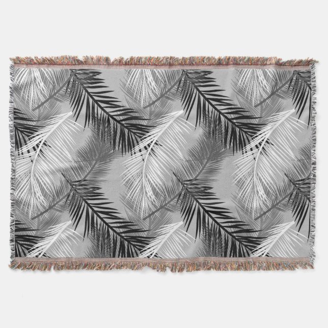 Palm Leaf Print, Grey / Grey, Black and White Throw Blanket (Front)