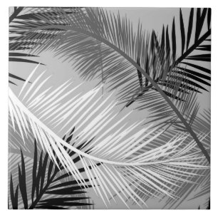 Palm Leaf Print, Grey / Grey, Black and White Tile