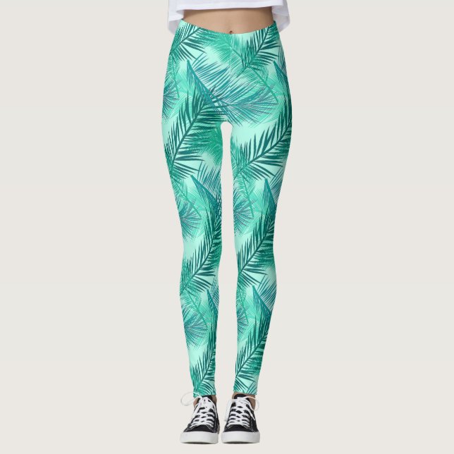 Palm Leaf Print, Turquoise, Teal and Aqua Leggings (Front)