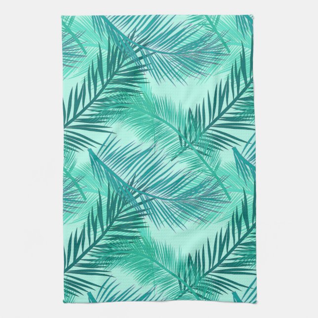 Palm Leaf Print, Turquoise, Teal and Aqua  Tea Towel (Vertical)