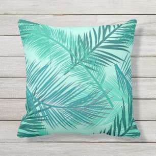 Palm Leaf Print, Turquoise, Teal and Light Aqua Outdoor Cushion