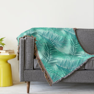 Palm Leaf Print, Turquoise, Teal and Light Aqua Throw Blanket