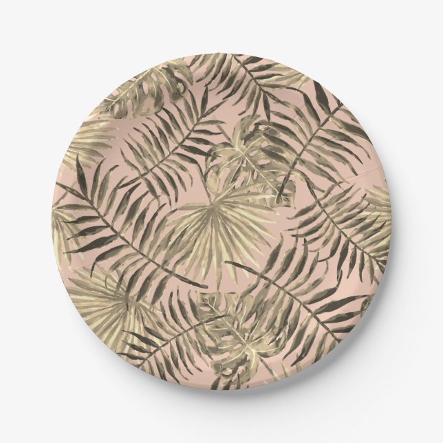 Palm leaf tropical coral pink gold monstera summer paper plate (Front)