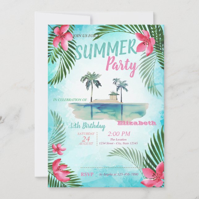 Palm Leaf,Tropical Flowers,Island  Birthday Party Invitation (Front)